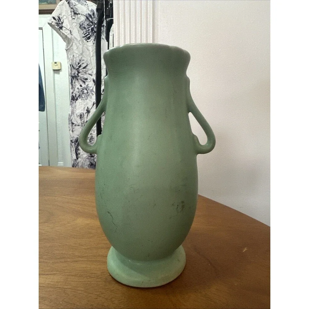 Vtg. Weller WIld Rose / Dogwood Aqua Green Double handle Vase 6.5